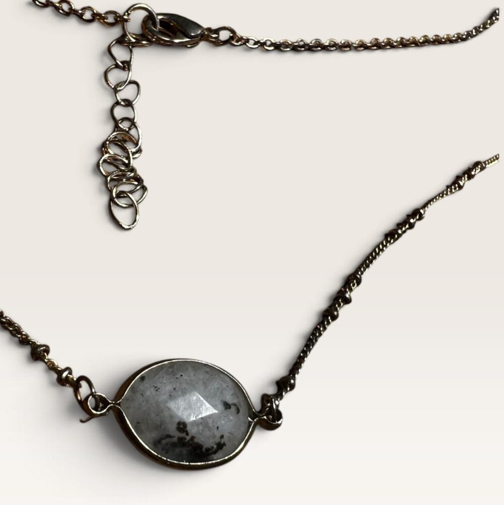 Silver-Tone Satellite Chain Necklace with Natural Gray Stone Pendant